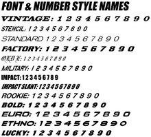Load image into Gallery viewer, 13 different Font & Number styles available for your Name and Number on graphics.