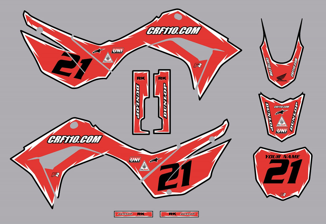 2019-2025 Honda CRF110 Full Graphics Kit (Red-Black) Shock Series - CRF110.COM