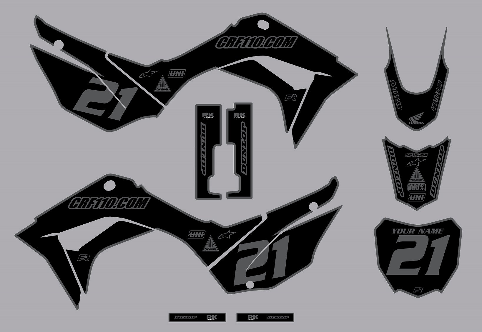 2019-2025 Honda CRF110 Full Graphics Kit (Black-Grey) Bold Series - CRF110.COM