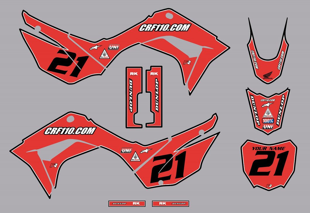 2019-2021 Honda CRF110 Full Graphics Kit Red-Black Bold Series by CRF110.COM