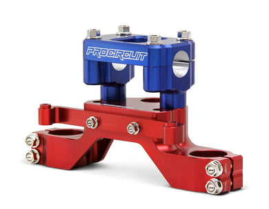 2019-2021 Honda CRF110 Billet Top Triple Clamp by Pro Circuit Racing showing blue upper bar mount with Red lower mounting clamp.